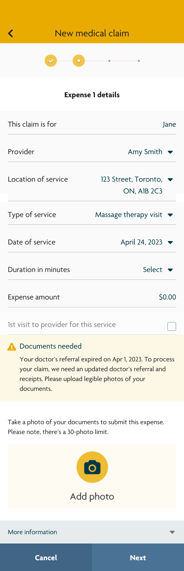 Version 1 of a high-fidelity wireframe of a user filling out their health benefits claim. There is an alert message telling users that their medical referral has expired and they need to get a new one.