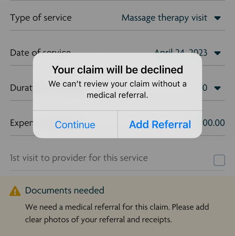 Version 2 of a popup alert warning users that their claim will be declined if they proceed without a referral.