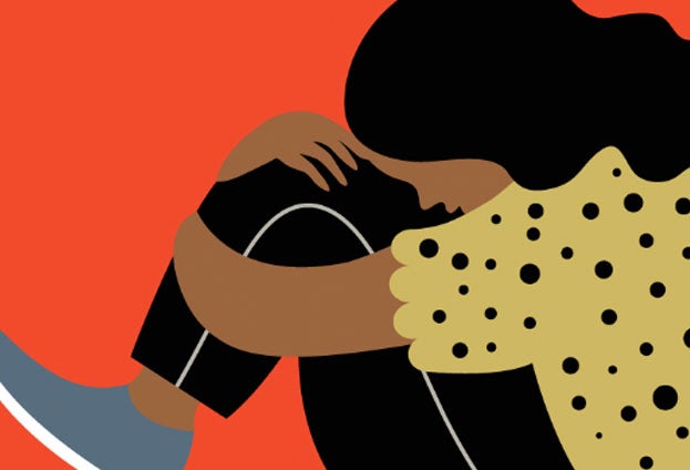 Illustration of woman with her head on her knees, stressed from burnout at work