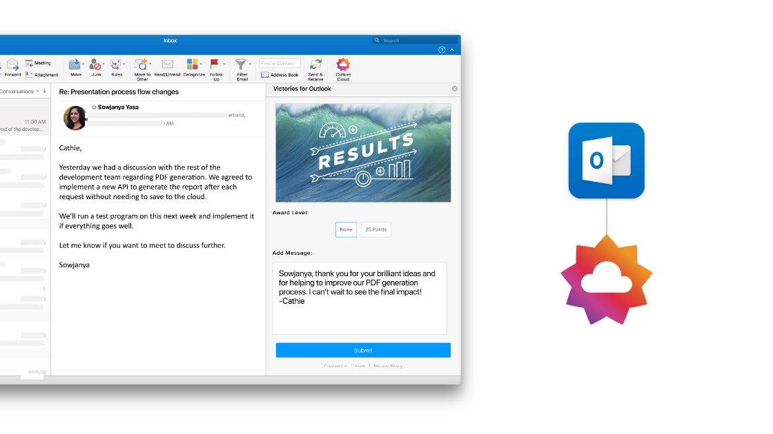 A preview of the Outlook plug-in for employee recognition with Culture Cloud by O.C. Tanner. This integration allows employees to send appreciation directly from their email.