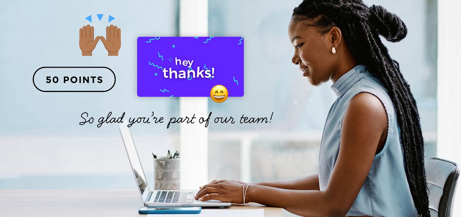 A photo of an employee sending appreciation to a coworker through an employee recognition program, which includes points and a personalized thank you message