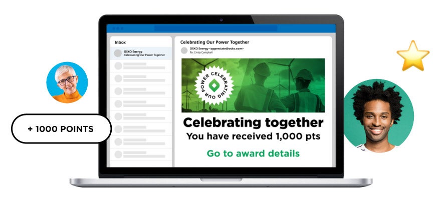An image of O.C. Tanner's Culture Cloud group deposits experience. Employees receive an email from a leader with points to redeem in an online award catalog.