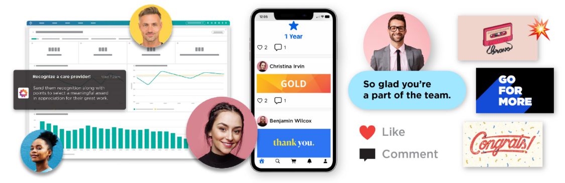 Inclusive, peer to peer recognition tools available on O.C. Tanner’s Culture Cloud platform like thank you notes and awards