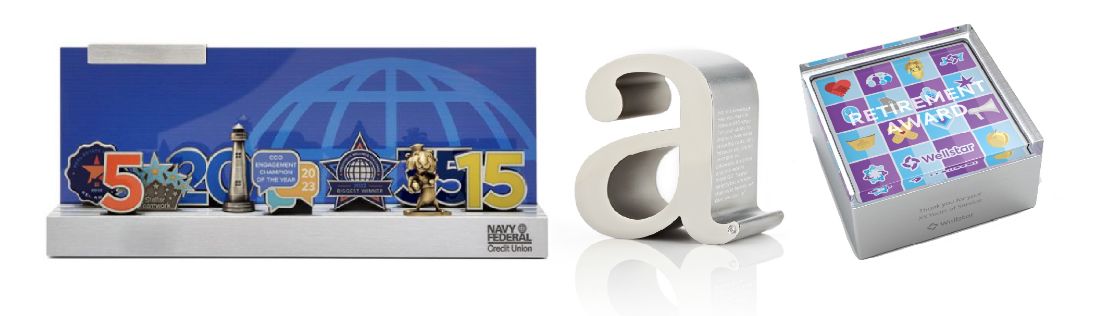 Custom awards designed and manufactured by O.C. Tanner, including Careerscapes with collectible icons, a trophy, and a retirement award.