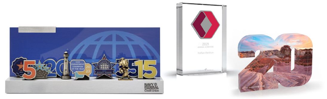 Custom awards designed and manufactured by O.C. Tanner, including Careerscapes with collectible icons, trophies, and numerals.
