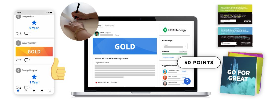 Mobile app and desktop recognition experiences in O.C. Tanner’s Culture Cloud, including physical thank you cards with points.