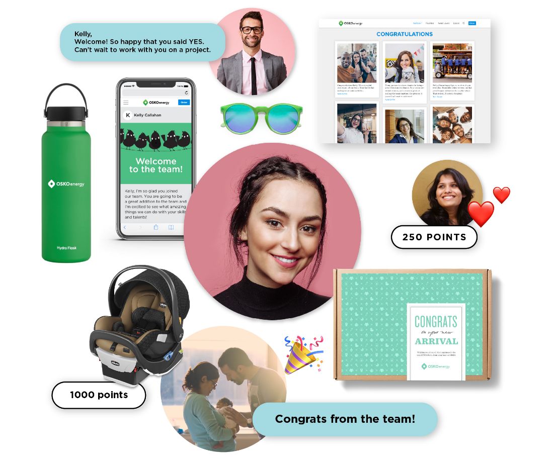 Examples of celebrating career accomplishments and life events with O.C. Tanner’s Culture Cloud, including swag boxes, recognition points, cards, and gifts.