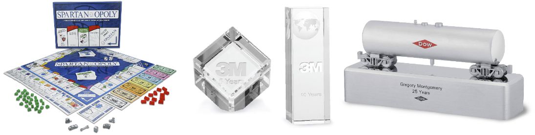 Custom awards designed and manufactured by O.C. Tanner, including a custom Spartan-Opoly board game, and crystal and aluminum trophies.
