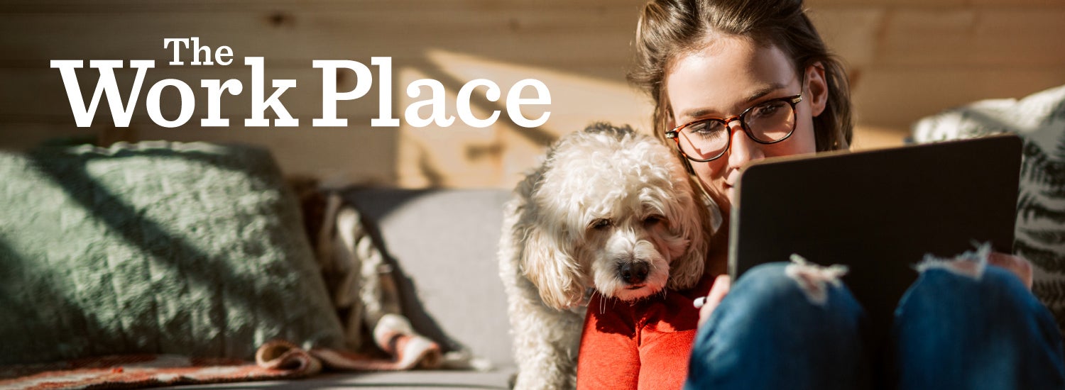 Employee on Zoom, with a dog peering over her shoulder