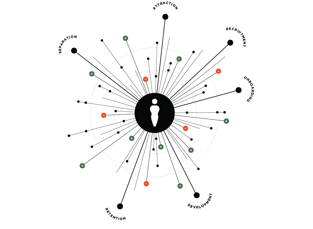 Separation, attraction, recruitment, onboarding, development, retention, separation