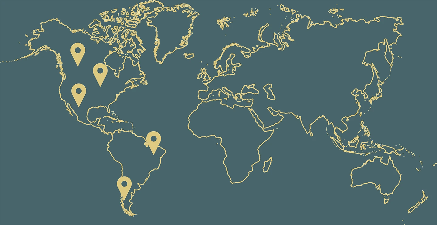 Une carte indiquant les lieux, dans les Amériques, où O.C. Tanner a mené une enquête auprès des employés pour le Rapport mondial sur la culture 2026