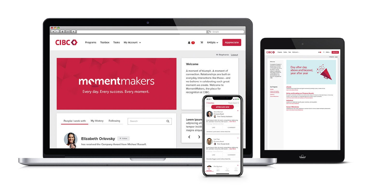 CIBC's employee recognition program user interface, powered by O.C. Tanner's Culture Cloud