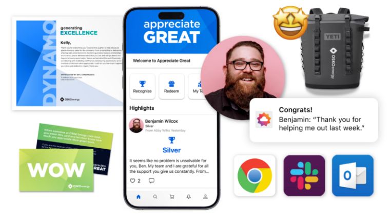 The recognition experiences available on O.C. Tanner’s Culture Cloud platform, including awards, eCards, branded gifts, and integrations with work tech