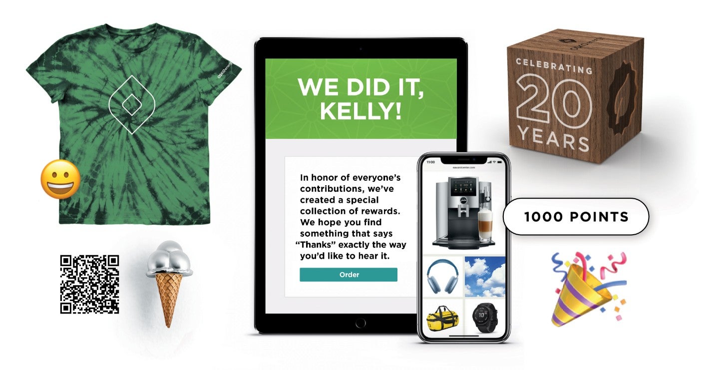 A selection of gifts for employee recognition including company branded merchandise and points that can be used to redeem on an online award catalog.