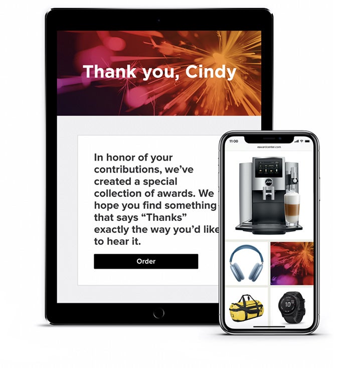 Online recognition message and catalog for employees to choose a gift