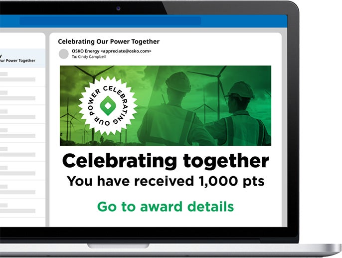 Image of O.C. Tanner's Culture Cloud group deposits experience. Employees receive an email from a leader with points to redeem in an online award catalog.