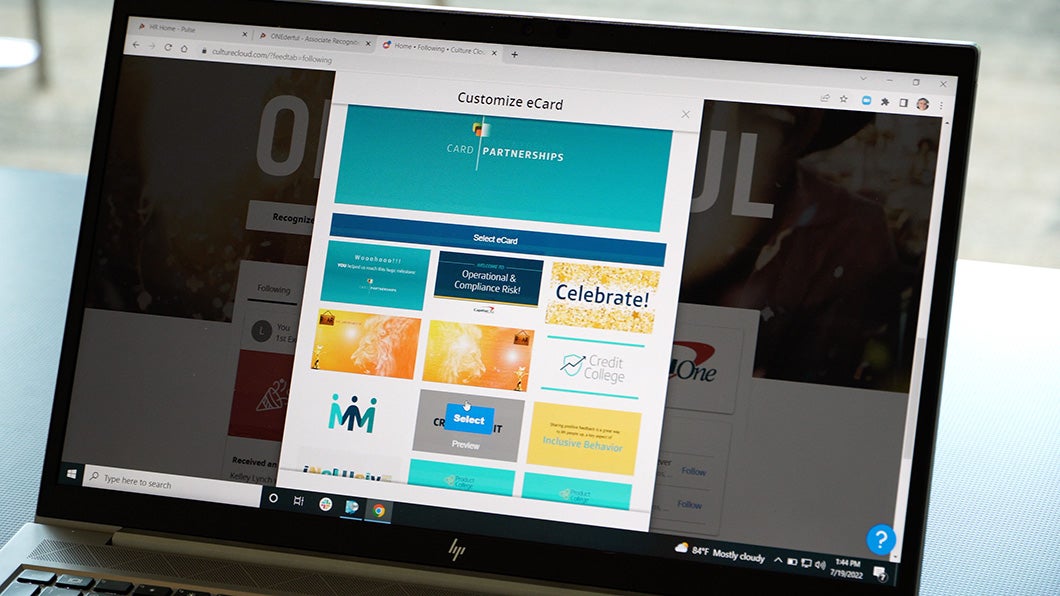 Custom eCards in Capital One's online ONEderful recognition program, powered by Culture Cloud