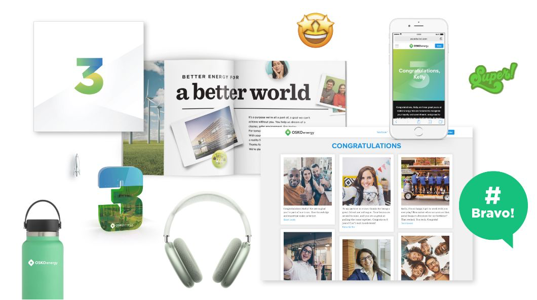 A collage showcasing O.C. Tanner’s Yearbook service offering including a custom Yearbook with notes from colleagues, an online award store experience, and custom gifts.