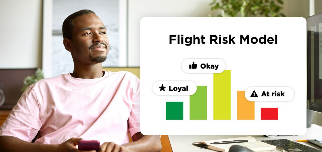 An employee sits at their home office desk. There is a chart of the flight risk model, a predictor of employees at risk of leaving the organization, overlayed on the image.