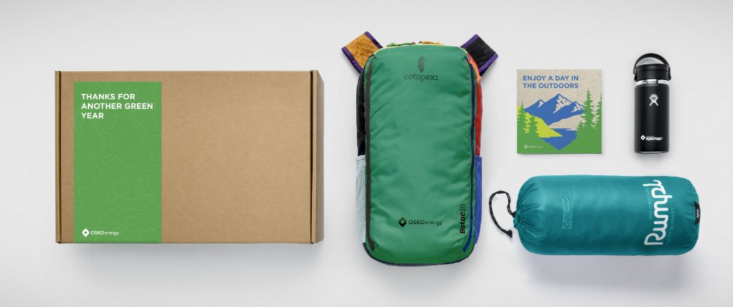 A company swag box for celebrating and appreciating a year of great work. This includes items for outdoor activities to encourage time away from the office to relax and recharge.