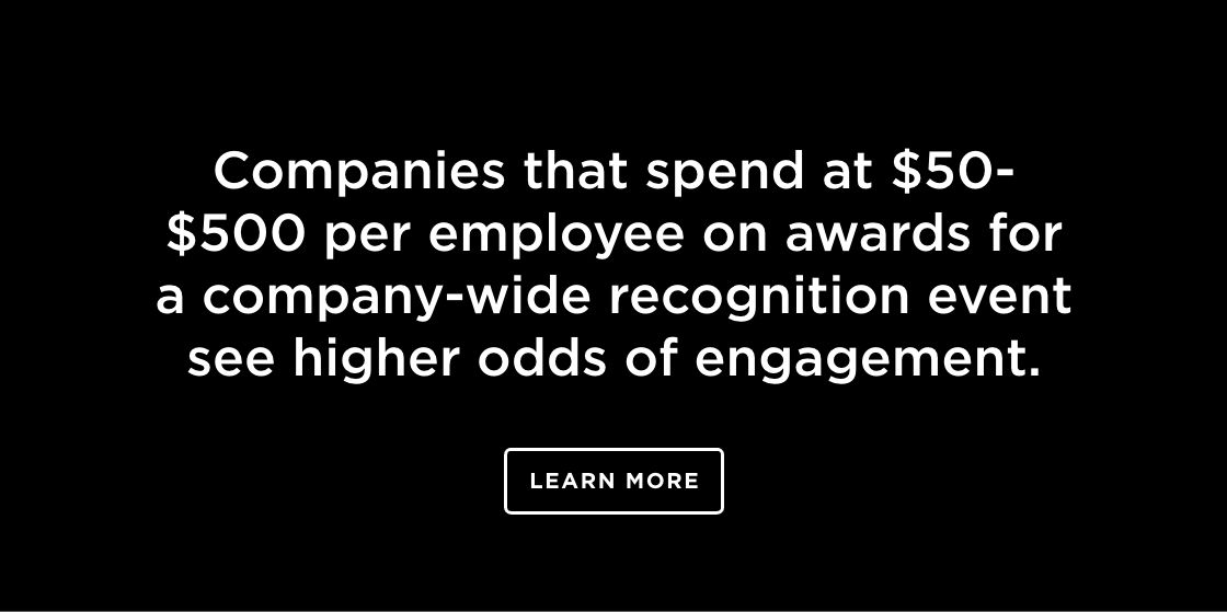Companies that spend at $50-$500 per employee on awards for a company-wide recognition event see higher odds of engagement. Learn more