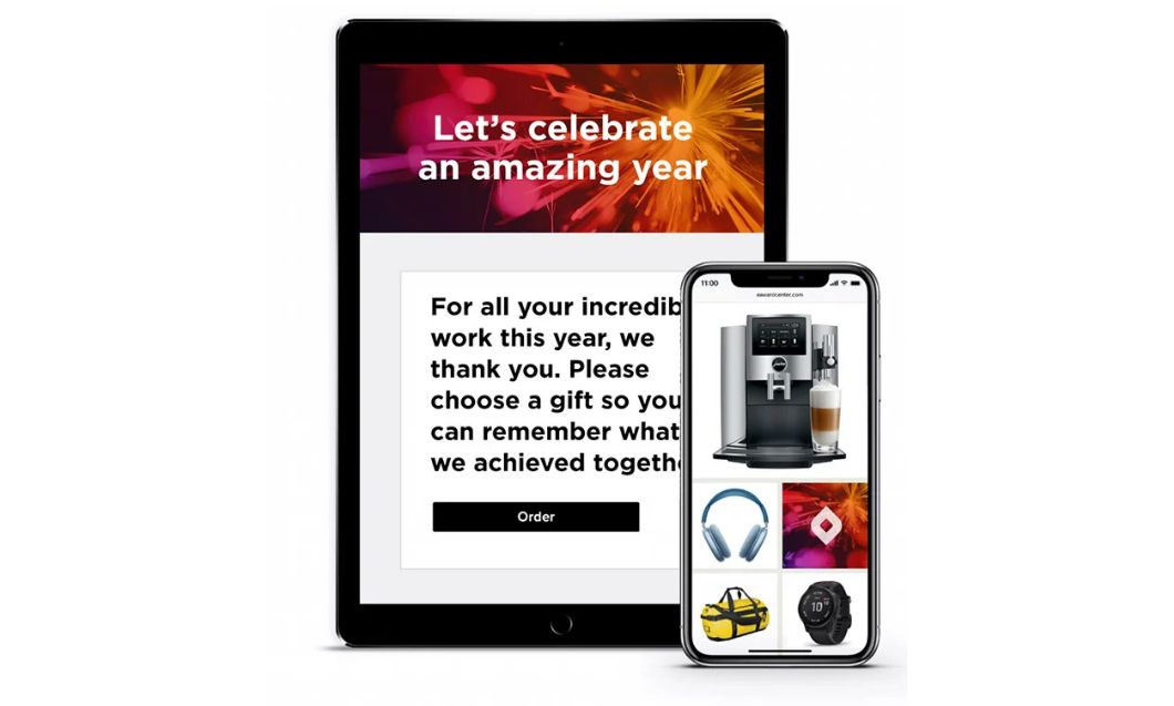 A product screenshot of Select-a-Gift, offered by O.C. Tanner, which includes a custom email sent to employees and a button to order a special gift from the award store.