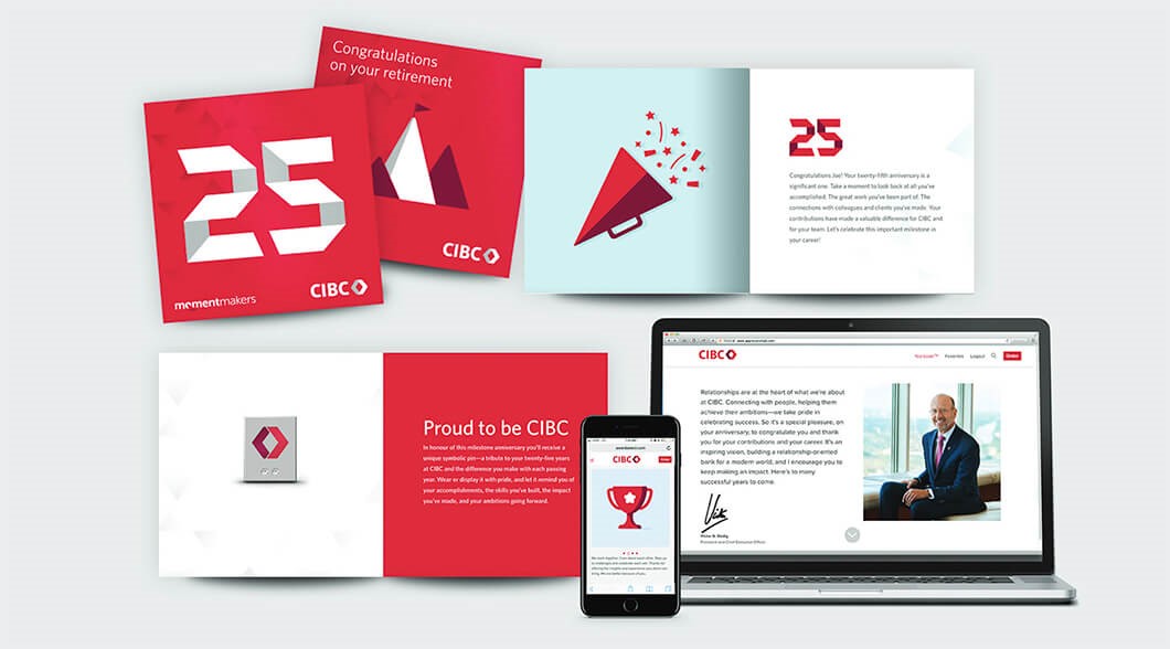 Collage of a client’s custom work anniversary celebration package with Culture Cloud, including a yearbook with comments from teammates and an online message from the CEO.