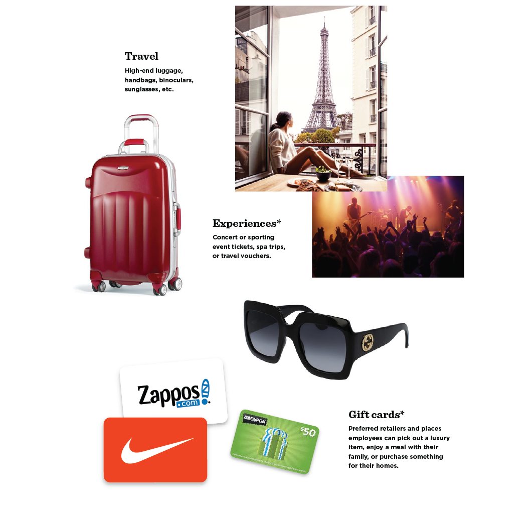 Another selection of gifts including travel accessories, experiences* (concerts, trips), and gift cards* (*consider local options and tax requirements for these gifts) 