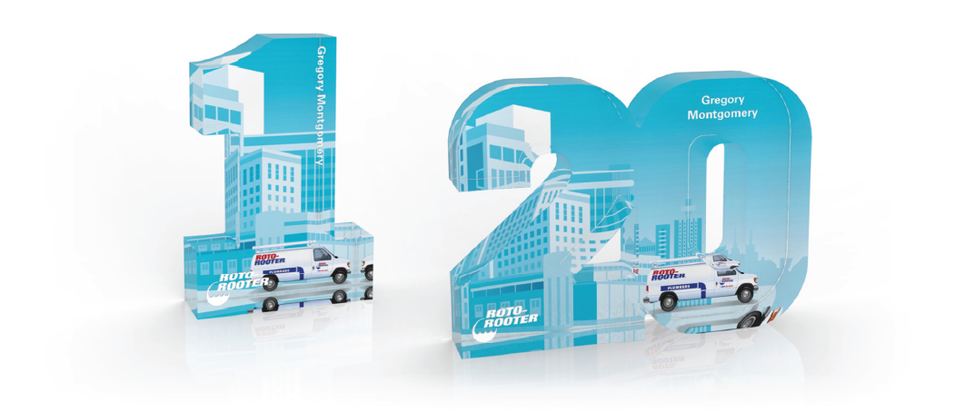 Custom service award numerals for career milestones, designed by O.C. Tanner