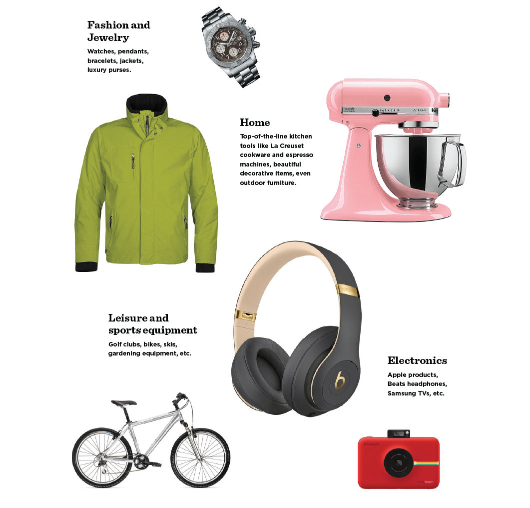 A selection of gifts including fashion and jewellry (watches, bracelets, outerwear), home goods (kitchen items), leisure/sports, and electronics