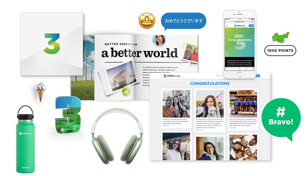 Collage of the Culture Cloud service award experience with a custom yearbook, online messages from teammates, a mobile app experience, a custom numeral, and awards.