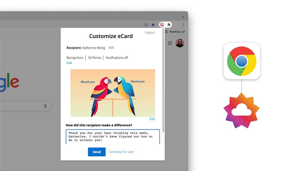 Sending a thank you note to a coworker using employee recognition software