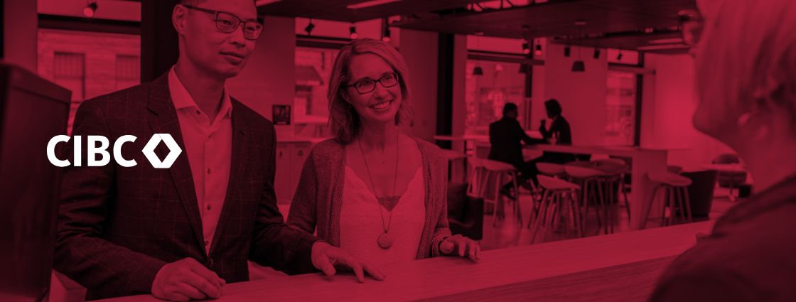 The CIBC logo overlaid on a photo of bank tellers