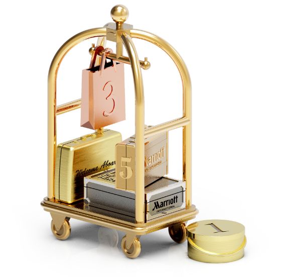 A custom symbolic award designed by O.C. Tanner for Marriott employees. The design includes a baggage cart with collectible symbols for key career milestone years.