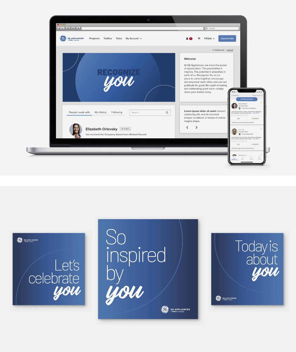 GE Appliances branded employee recognition software, "recognize you," and custom employee anniversary yearbooks.