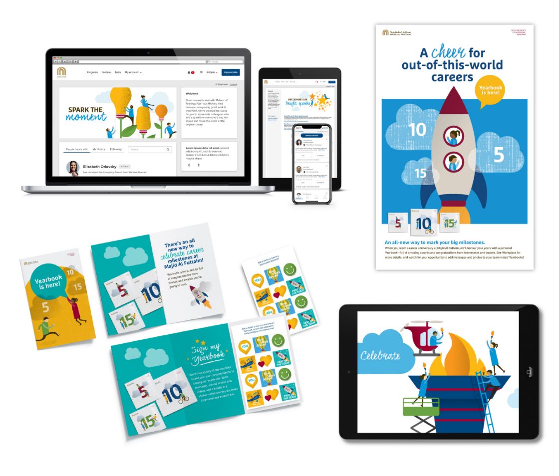 Majid Al Futtaim employee recognition branded materials from career anniversary yearbooks to employee recognition software.