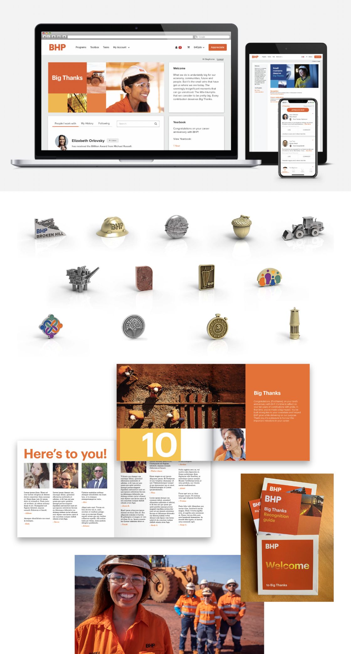 BHP’s custom employee recognition experiences - branded employee recognition software, custom pins for years of service, and a personalized career anniversary yearbook.