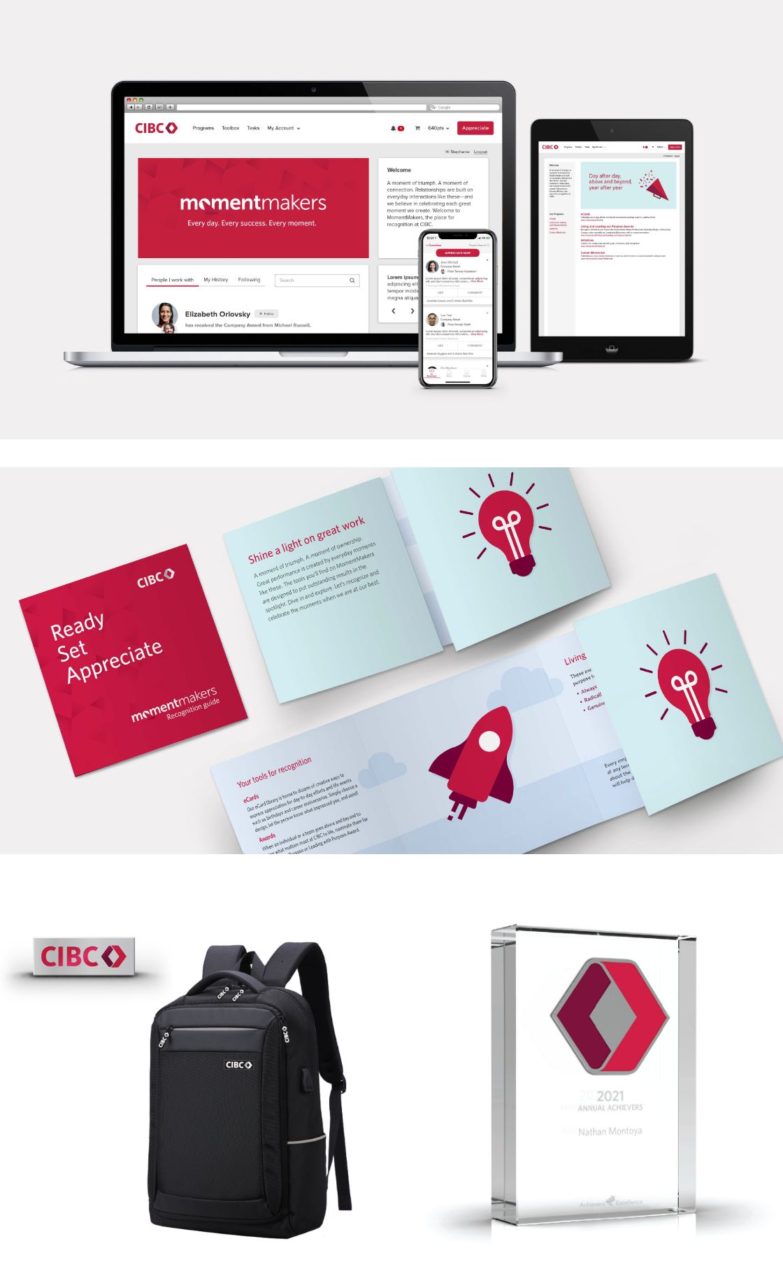 CIBC's custom employee recognition program, Moment Makers, includes branded company swag, employee anniversary yearbooks, and mobile app.