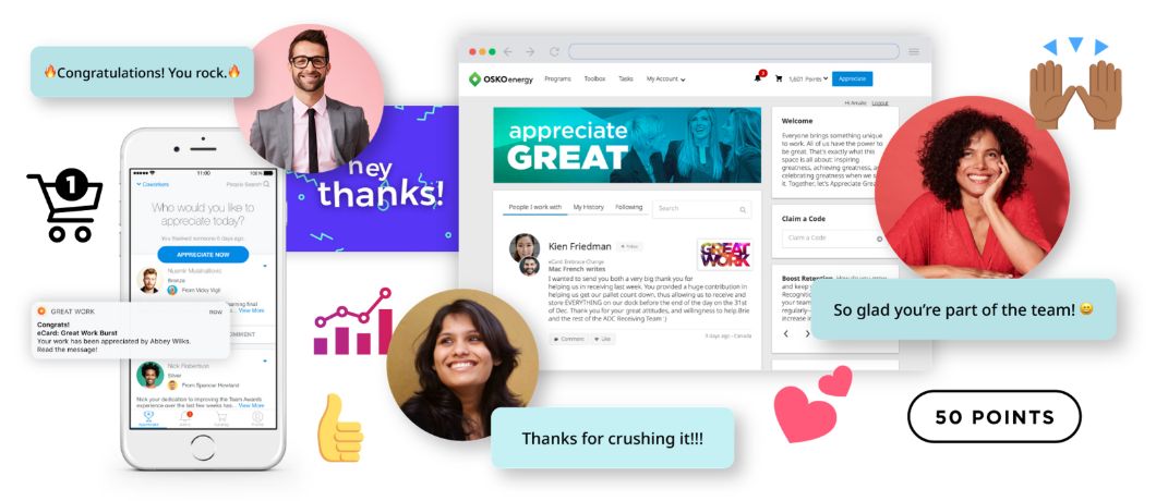 Examples of recognition given to healthcare employees via Culture Cloud