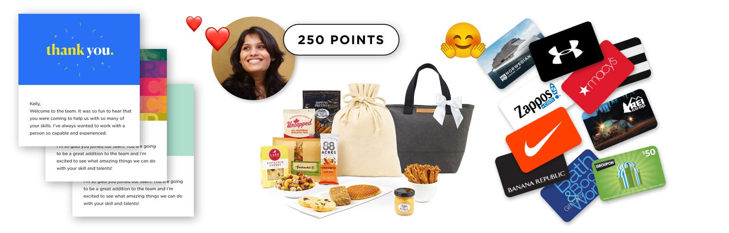 A selection of employee rewards: gift cards, recognition points, and gift boxes