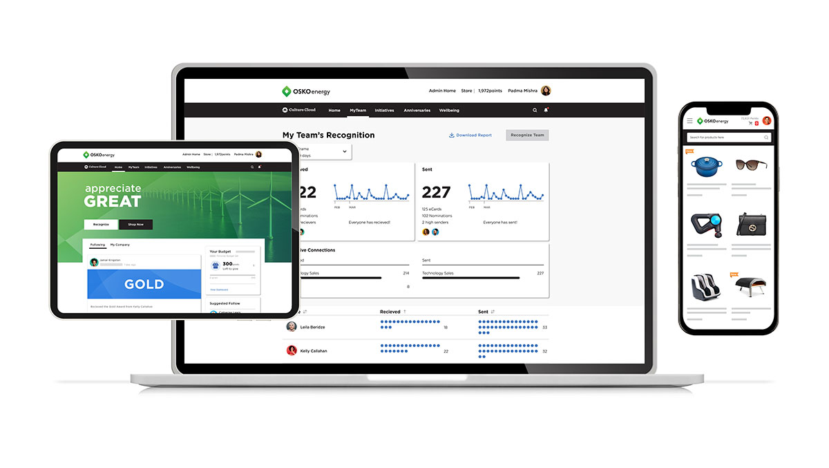 The administrative and reporting interface on Culture Cloud by O.C. Tanner allows for tracking of recognition by company, team and individual.