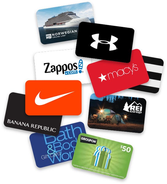 Examples of gift cards that offline employees can be redeemed in the award store on Culture Cloud Recognition, powered by O.C. Tanner. Included are Nike, Macy's, and Zappos gift cards.