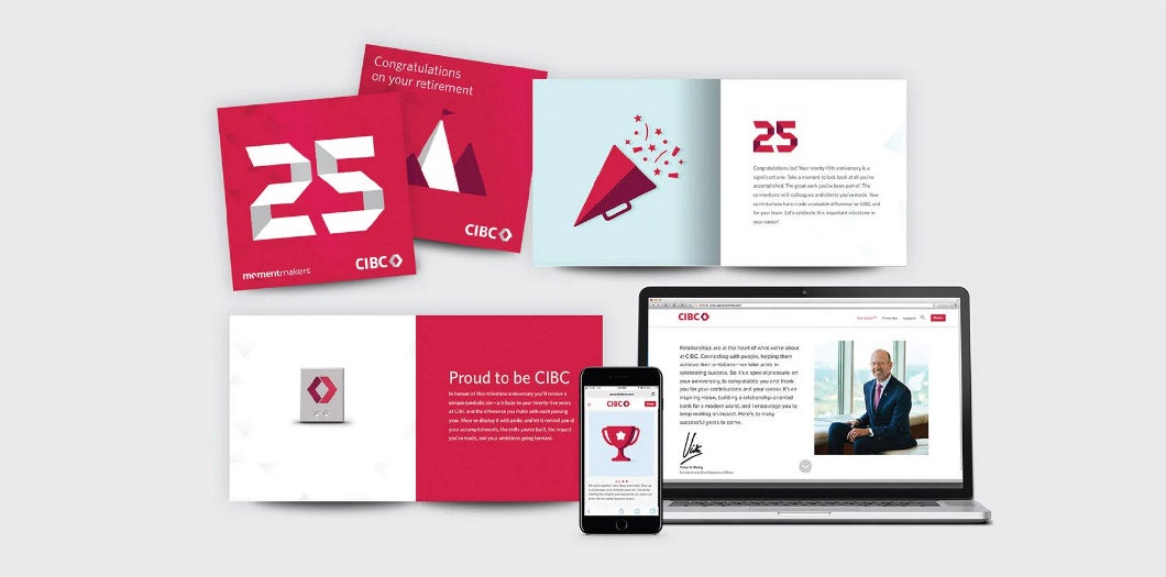 Examples of CIBC’s employee recognition program: physical cards and yearbooks, plus a mobile and desktop experience.
