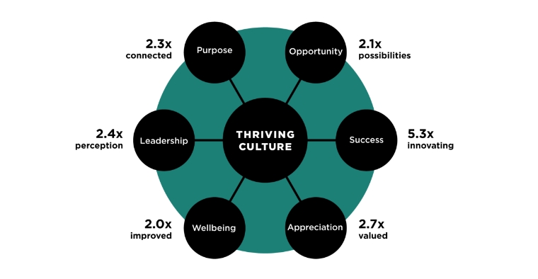 A hub and spoke graphic showing the impact of a thriving workplace culture on purpose, opportunity, success, appreciation, wellbeing, and leadership.