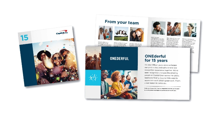 Photos of a custom employee Yearbook commemorating a workplace anniversary