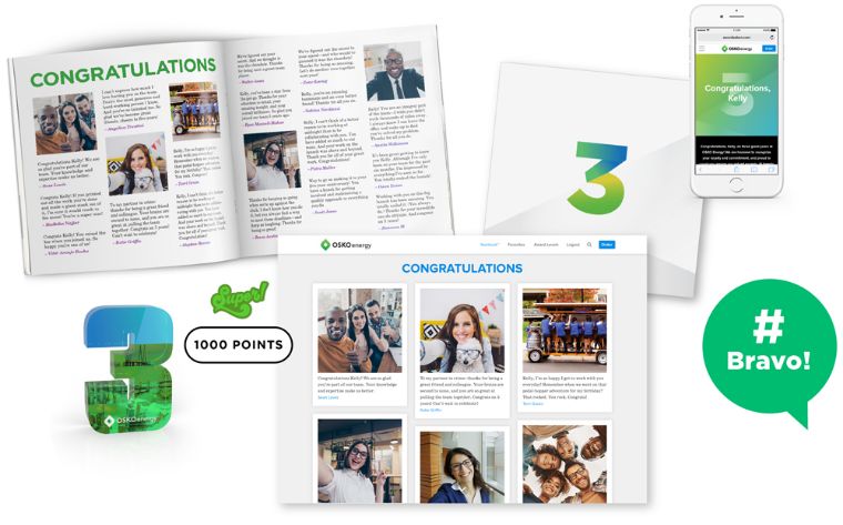 A collage of the Yearbook experience for celebrating career anniversaries, created by O.C. Tanner’s Culture Cloud, including a printed and digital Yearbook with personal notes from peers and a store for selecting a special gift.