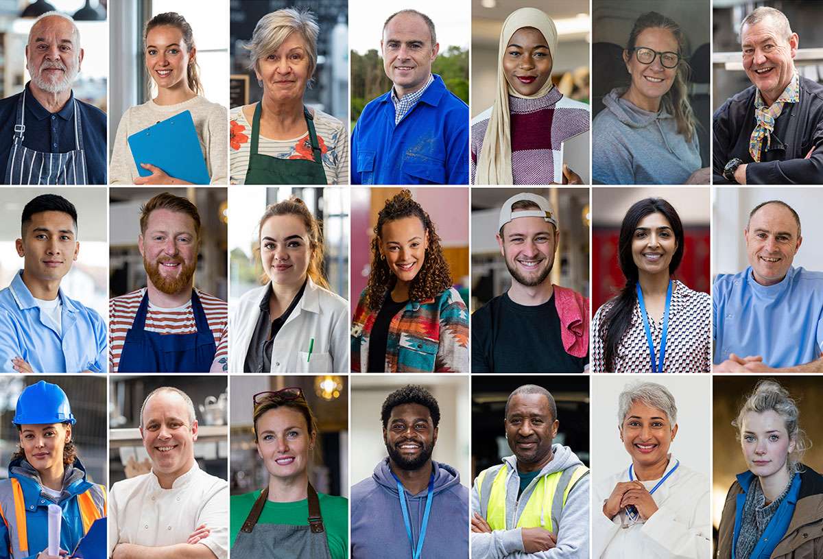 A collage of employees from various industries