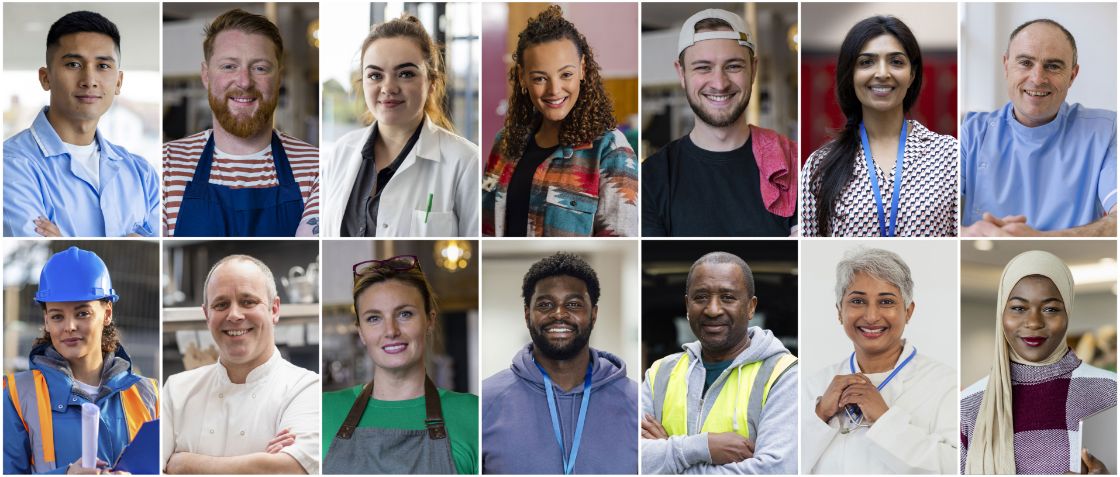 A collage of employees from various industries