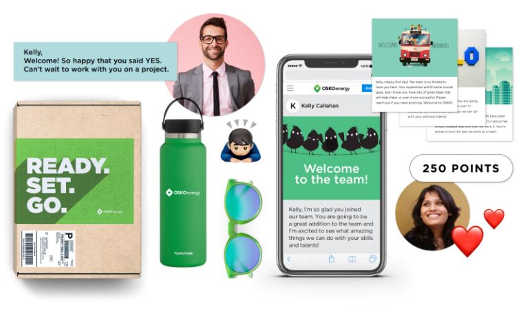 A peer-to-peer employee recognition experience powered by O.C. Tanner’s Culture Cloud, which includes a custom swag box, recognition eCard, and points to redeem in an award store catalog.