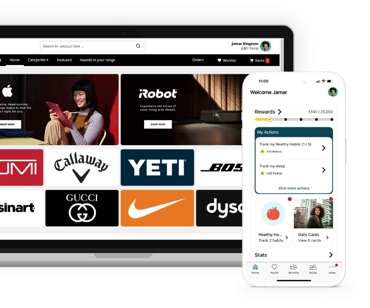O.C. Tanner’s integration with Personify Health where employees receive recognition points for reaching wellbeing goals, which they can use to redeem for awards